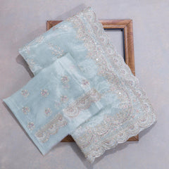 Adorning Sky Blue Orgenza Silk Saree With Designer Fancy Readymade Blouse.