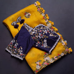 Adorable Yellow Rangoli Silk Saree With Designer Fancy Readymade Blouse.