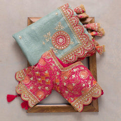 Attractive Peach Rangoli Silk Saree With Designer Fancy Readymade Blouse.