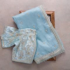 Blissful Sky Blue Organza Silk Saree With Designer Fancy Readymade Blouse.