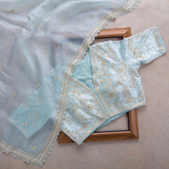 Blissful Sky Blue Organza Silk Saree With Designer Fancy Readymade Blouse.