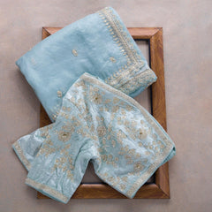 Blissful Sky Blue Organza Silk Saree With Designer Fancy Readymade Blouse.