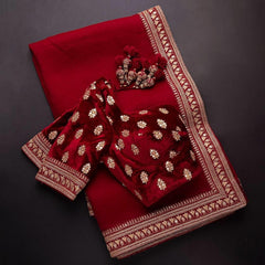 Breathtaking Maroon Organza Silk Saree With Designer Fancy Readymade Blouse.
