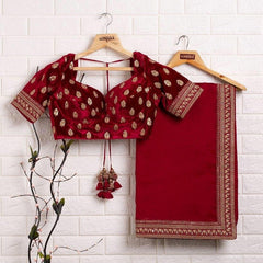Breathtaking Maroon Organza Silk Saree With Designer Fancy Readymade Blouse.