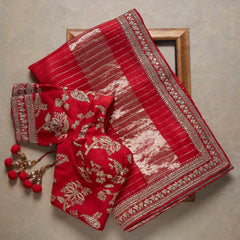Classy Red Rangoli Silk Saree With Designer Fancy Readymade Blouse.