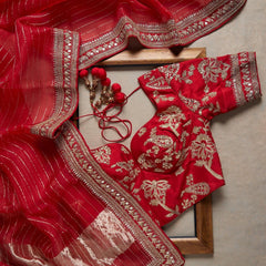 Classy Red Rangoli Silk Saree With Designer Fancy Readymade Blouse.