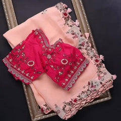 Peach Colour Thread Work Border Designer Saree With Designer Fancy Readymade Blouse.