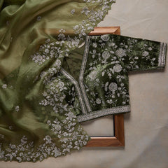 Beautiful Look Green Colored Heavy Blouse Embroidery Saree With Designer Fancy Readymade Blouse.