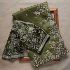 Beautiful Look Green Colored Heavy Blouse Embroidery Saree With Designer Fancy Readymade Blouse.