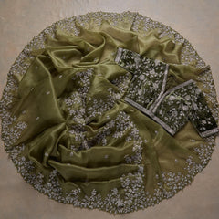 Beautiful Look Green Colored Heavy Blouse Embroidery Saree With Designer Fancy Readymade Blouse.