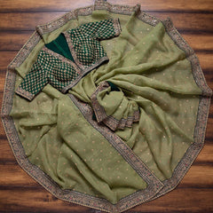 Green Colour Sequence Embroidery Saree With Designer Fancy Readymade Blouse.