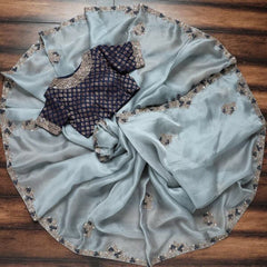 Sequins Embroidered Sky Blue Colour Party Wear Saree With Designer Fancy Readymade Blouse.