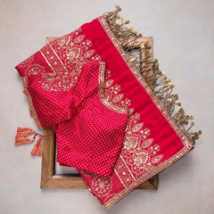 Dazzling Red Organza Silk Saree With Designer Fancy Readymade Blouse.