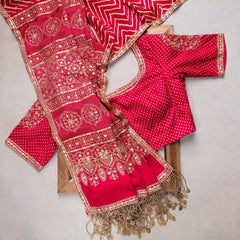 Dazzling Red Organza Silk Saree With Designer Fancy Readymade Blouse.
